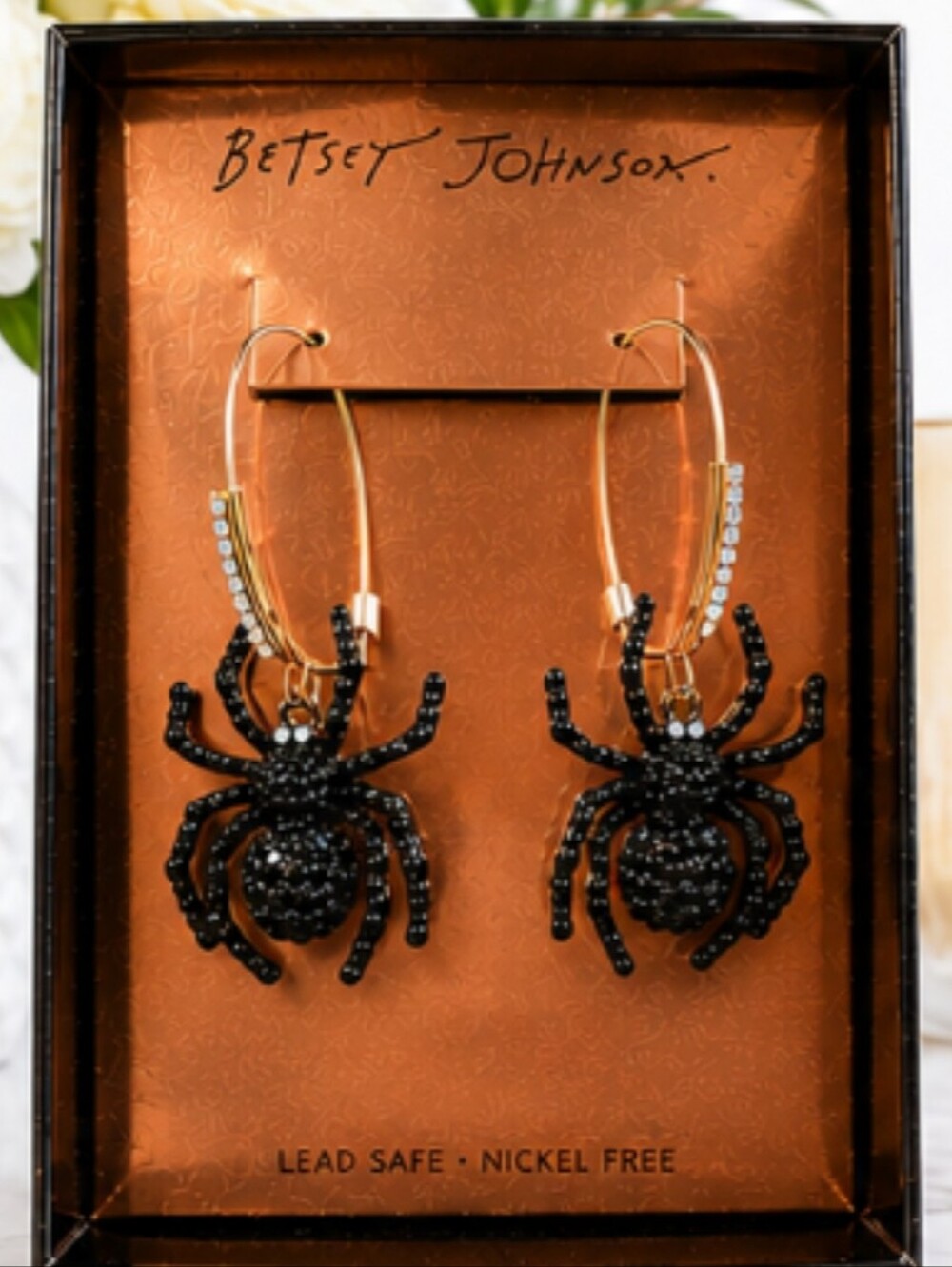 Betsey Johnson Black Spider Hoop Earrings with Gold Tone Hoops